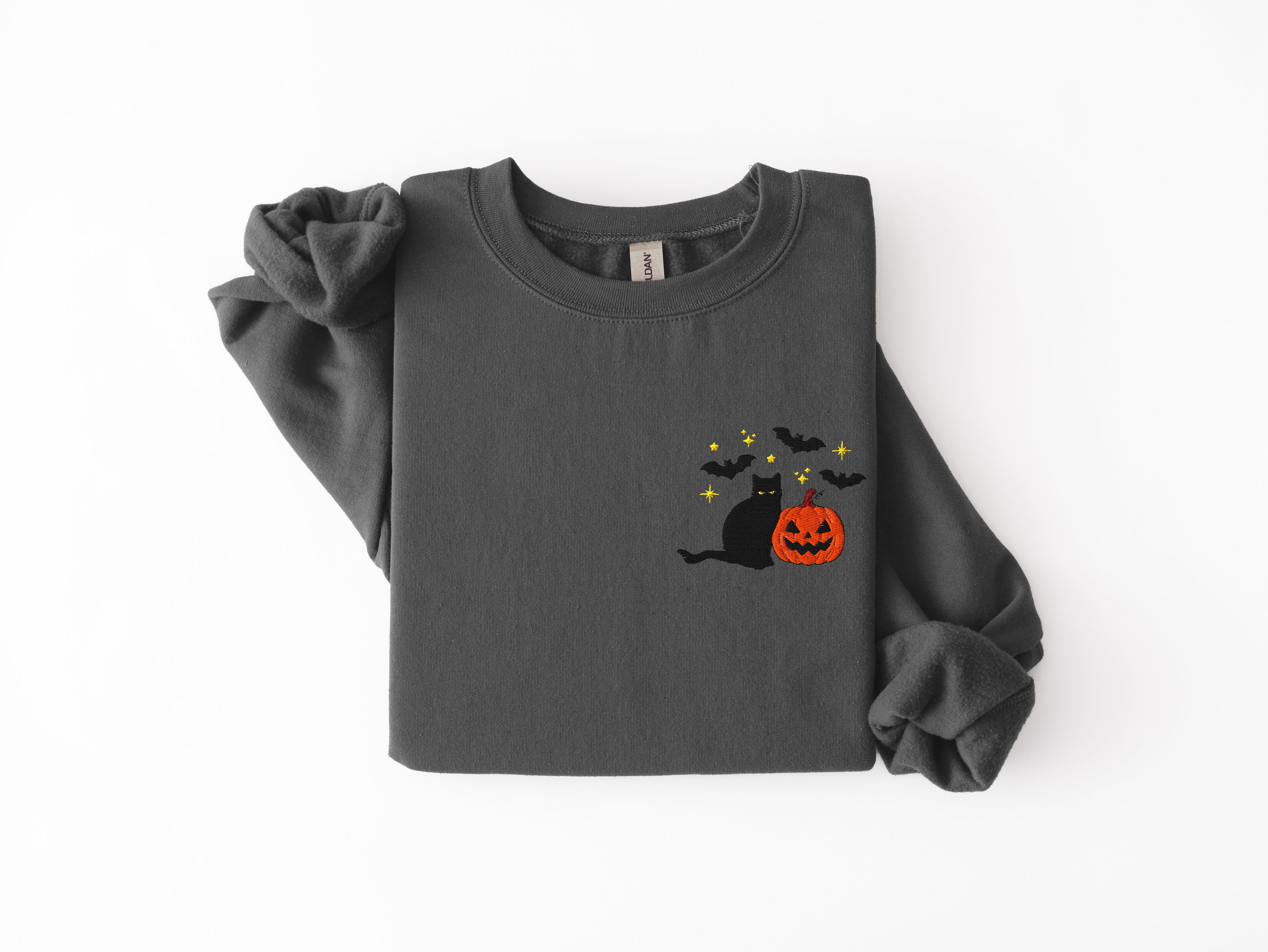 Embroidered Black Cat and Pumpkins Sweatshirt