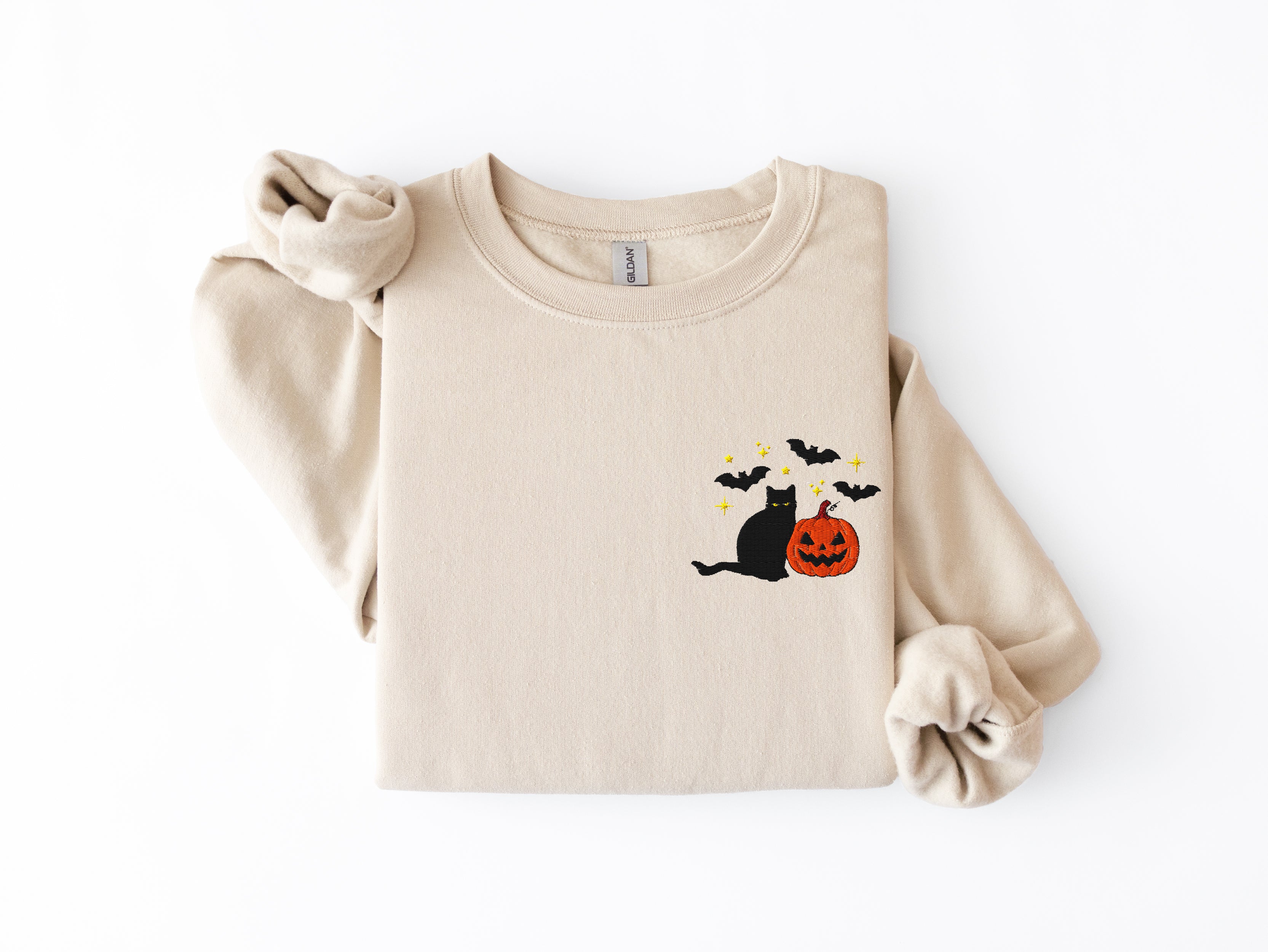 Embroidered Black Cat and Pumpkins Sweatshirt
